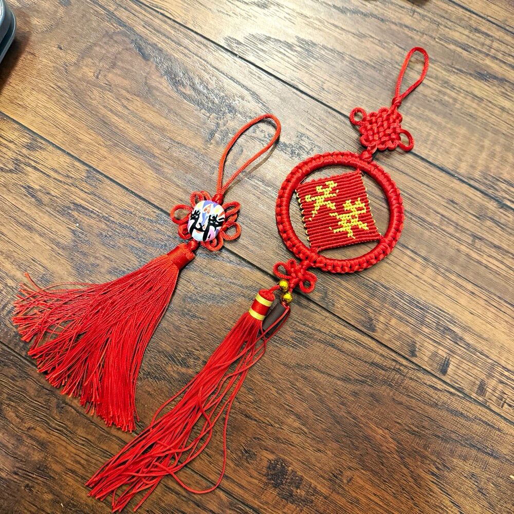 Vtg 2x Red Chinese Feng Shui Hanging Knot Tassel Charm, one with opera face V2